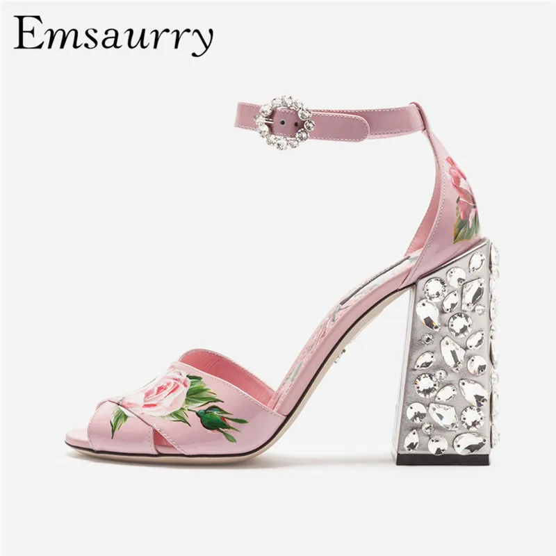 

Summer 2019 Cross Belt Flower Gladiator Sandals Women Ankle Strap Open Toe Diamond Chunky Heel Wedding Shoes Woman
