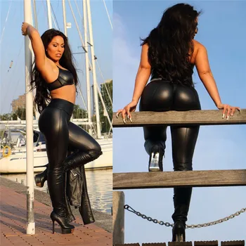 

NEW Cool Womens High Waist Slim Wrap Stretch Wet Faux Leather Skinny Pants Black Leggings HOT