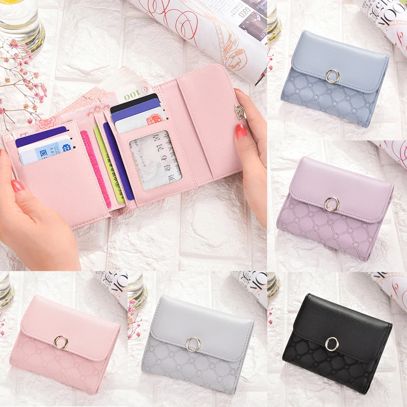 Женский кожаный кошелек для девочек в Корейском стиле, милый маленький держатель для кредитных карт, кошелек-клатч с тремя сложными замками, короткий карман для монет, сумка для ключей