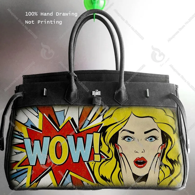 

New Canvas HandBag Art Hand printing Graffiti POP Gril Say WOW Design Bags Luxury Bolsa Feminina Designer Handbag Women Men Tote