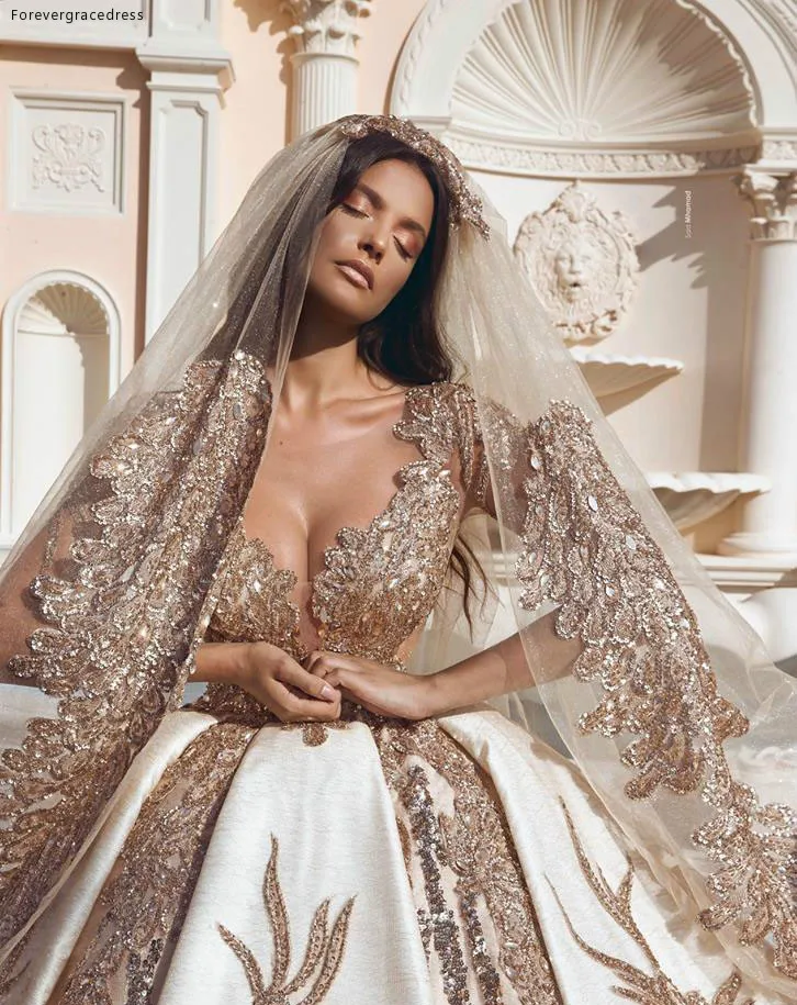 2019 New Ball Gown Wedding Dresses Said Gold Appliques Princess Sheer Scoop Neck Long Sleeves Appliqued Bridal Gowns Formal Chapel Train  266 (3)