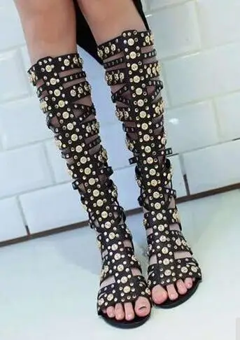 Oro Studs Donne Cinghie Cage Sandal Boots Sexy Ladies Open Toe Gladiatore Stivali Moda Stivali Piatti Cerniera Posteriore Stivali Estivi