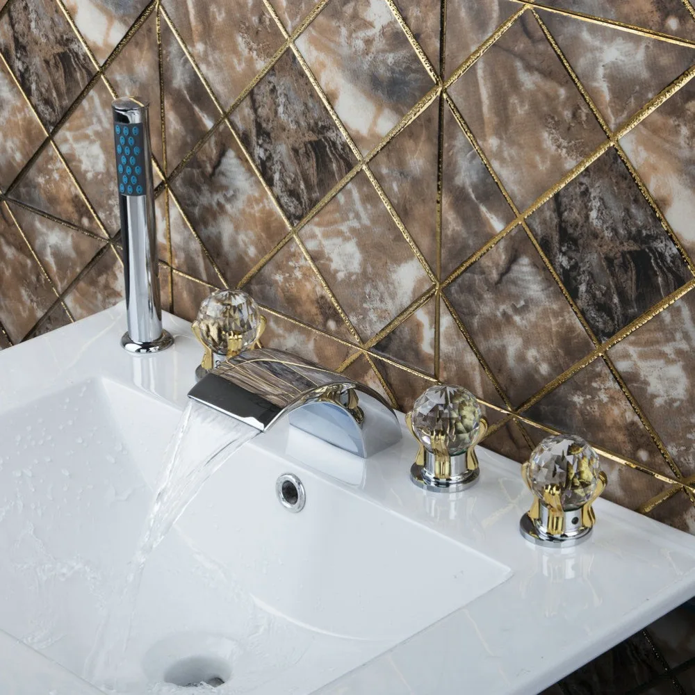 

Modern Design Deck Mounted 5 Pcs Set Faucet Waterfall Spout With Hand Shower Bathroom Tub Faucet banheira torneira Bath Shower