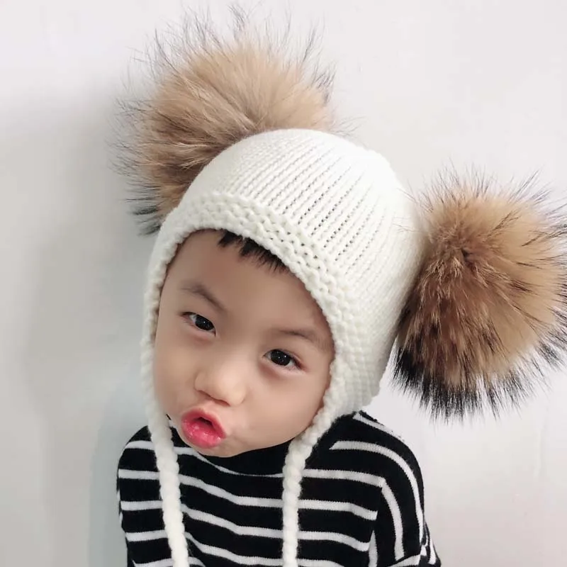 

Baby Winter Hat Kids Ponytail Beanie With Ears Double Big Fur Pompom Hat For Children Knitted Earflap Cap Skullies