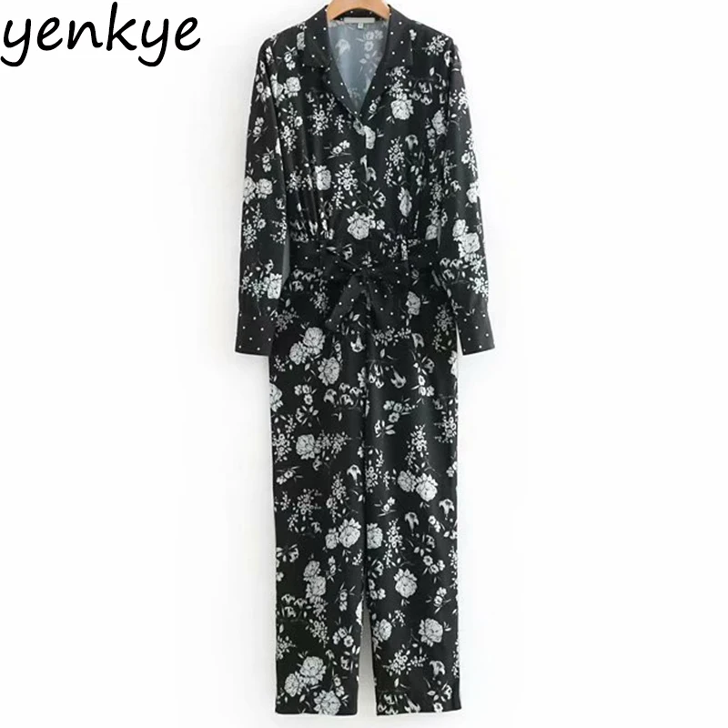 

Women Vintage Floral Print Jumpsuit Lady Turn-down Collar Long Sleeve With Belt Casual Overalls Long rompers womens jumpsuit