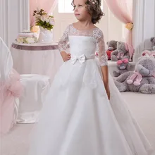 Винтаж принцесса Sheer Кружевные Платья с цветочным узором для девочек для Свадебные белые туфли/слоновая кость Junior Первое причастие платье со шлейфом и рукава