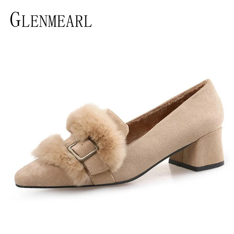 

Fashion Women Shoes High Heels Brand Woman Pumps Winter Warm Fur Shoes Female Square Heels Pointed Toe Buckle Women's Pumps 45