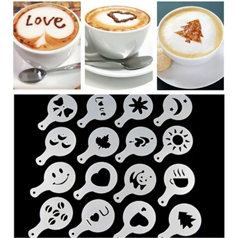 

16/Pcs Funny Creative Coffee Decoration Tools Thick Fancy Coffee Milk Foam Plastic Pull Flower Printing Mold