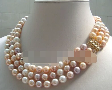

Jewelr 005014 AAA luster 17-19" 3row 8-9mm multicolor round freshwater pearl necklace GP clasp