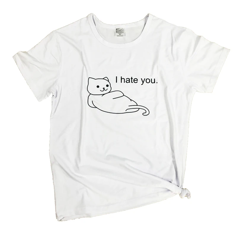 Футболка с надписью «I hate you Cat», забавная футболка с принтом «Lazy cat i hate you», Стильный хлопковый топ с изображением кота в стиле Харадзюку, винтажная рубашка для девочек