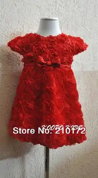 

2014 New Kids Dresses Baby Red Rose Dress With Belt Girls girl lace party dress