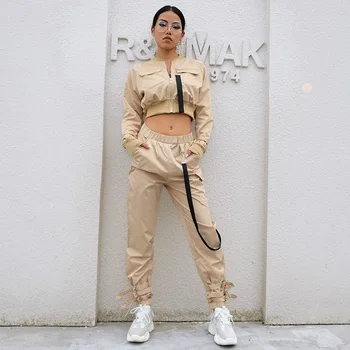 

Autumn solid tracksuit crop jacket+overalls pants two piece set streetwear suits women