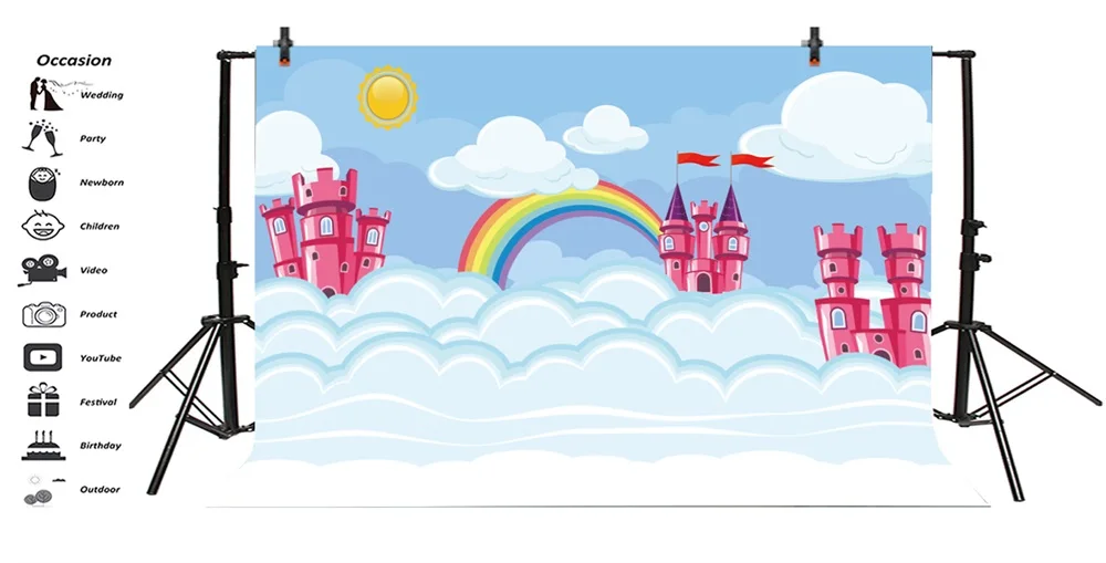 Laeacco Baby Party Cartoon Castle Rainbow Clouds  Photography Backgrounds Customized Photographic Backdrops For Photo Studio