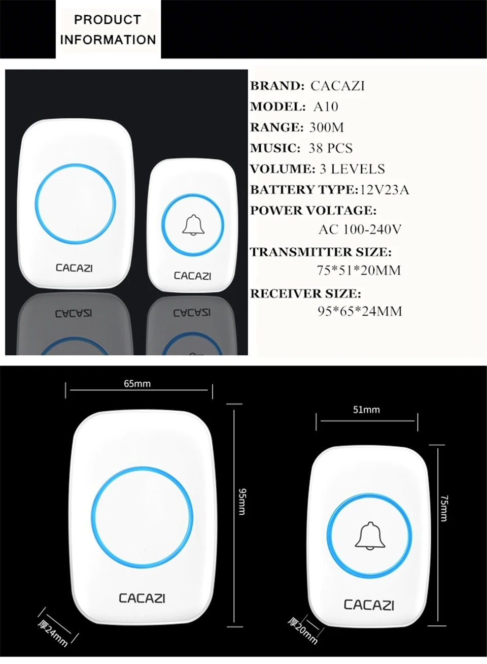 CACAZI AC 100-240 в дверной звонок Водонепроницаемый 300 м Рабочий диапазон беспроводной дверной звонок 1 передатчик+ 2 приемника 38 кольцевых мелодий дверной Звонок