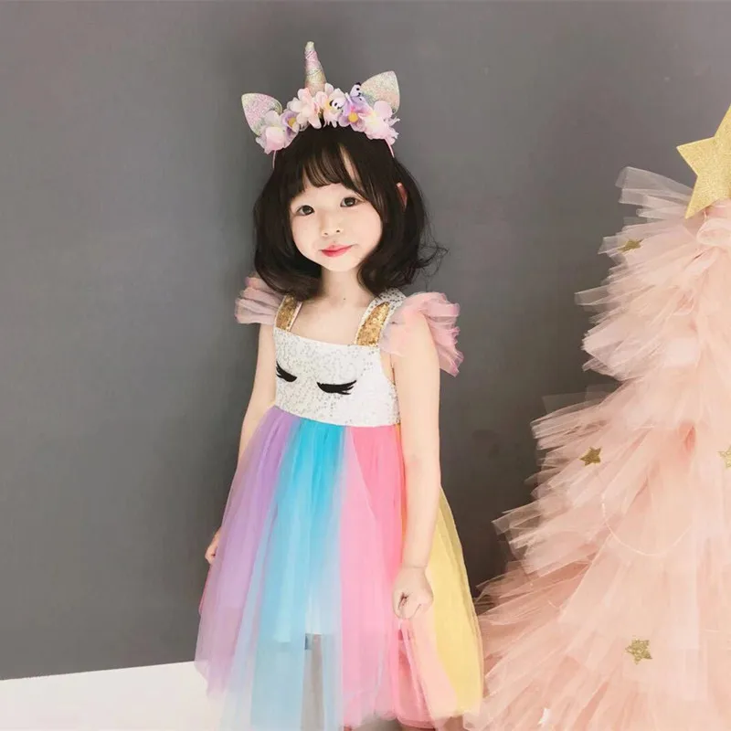 

Toddler Girls Summer Dress New Fashion 2019 Princess Party Rainbow Dress Children Costume Kids Clothing Princess Dress 2-8Yrs