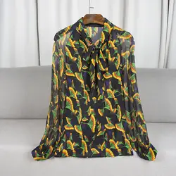 2019 новые весенние Для женщин Винтаж высокое качество, рубашки с принтом с воротником-стойкой и галстуком-бабочкой из натурального шелка 100%