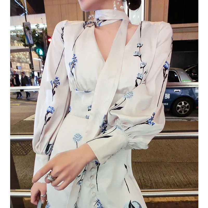 

Satin Dress V Neck White Tunic Dress Women Floral Print Lace Up Ladies Midi Dresses Long Sleeve High Fashion Clothes