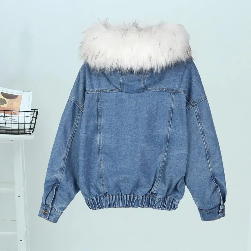 Women Denim Jacket 2019 Winter Thick Tops Faux Fur Collar Fleece Hooded Female Outwear Outfits Denim Coat Jeans Jackets