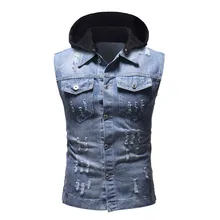 jeans vest Men Autumn Destroyed Vintage Denim hooded sleeveless Jacket Waistcoat d90702