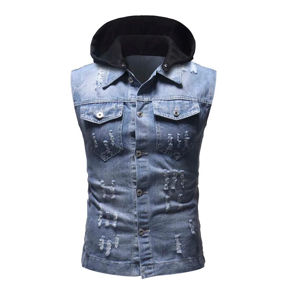 

jeans vest Men Autumn Destroyed Vintage Denim hooded sleeveless Jacket Waistcoat d90702