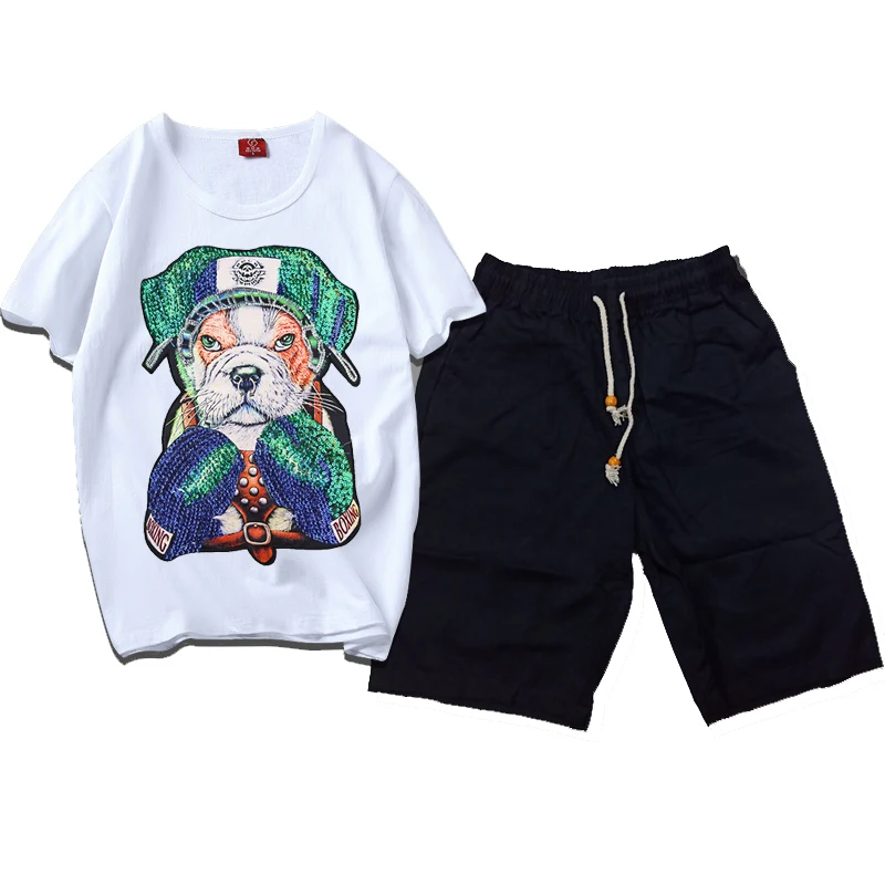 

Men Summer Casual Sport Embroidery Boxing Dog White T Shirt Top Tee Suit Sets Black Pants