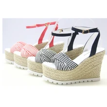 Bohemia Stripe Women Wedge Sandals 2015 New Arrival Straw Plaited Sole Summer Platform Shoes High Heel zapatillas mujer