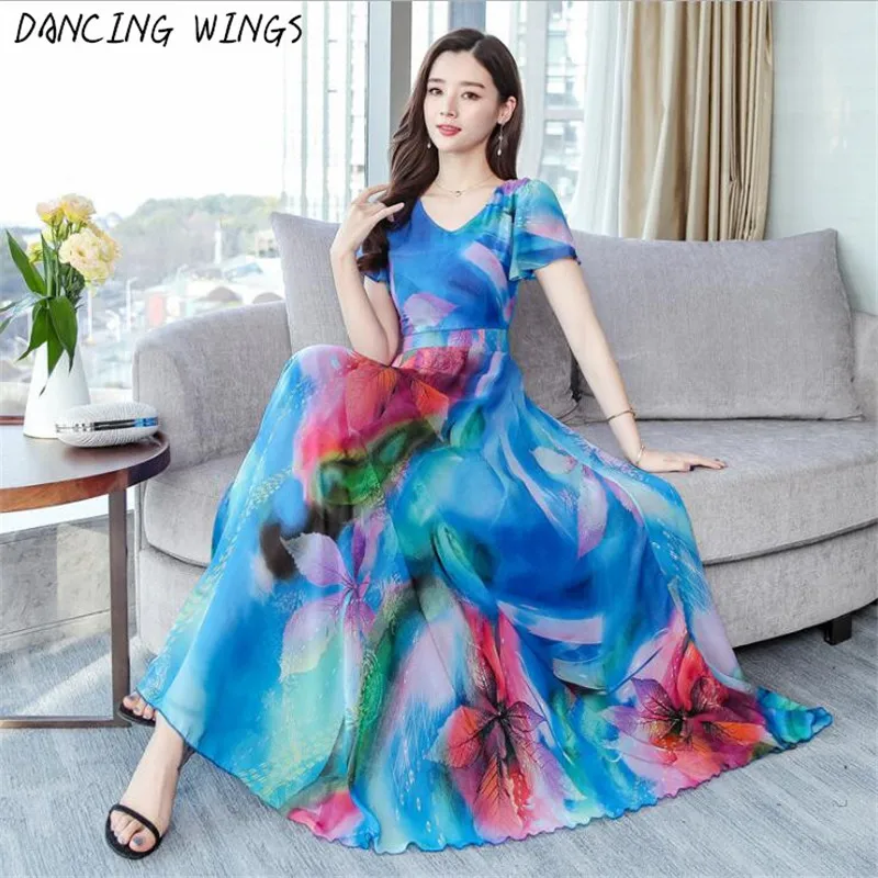 

Women Summer V Neck Long Maxi Floral Printed Chiffon Dress Short Sleeved Beach Dress Floral Sundress