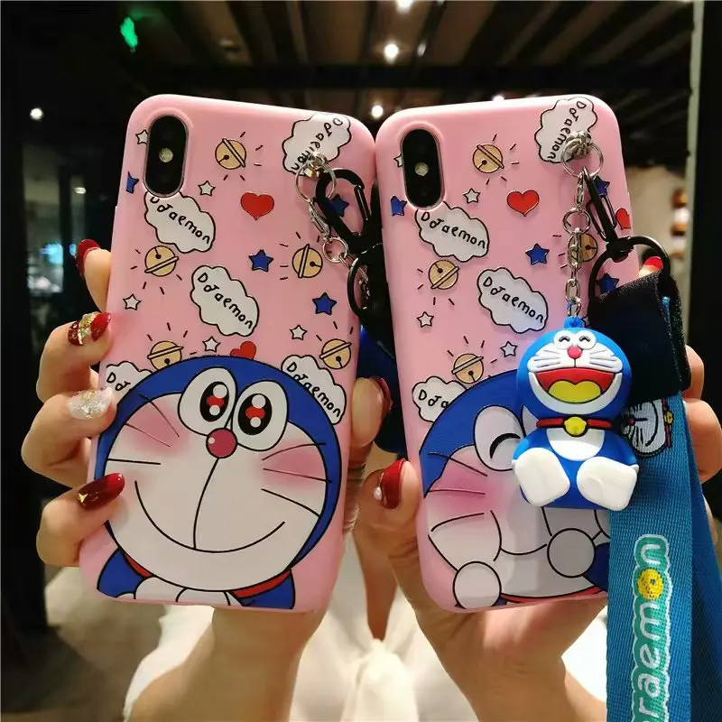 

For iphone X Cute Doraemon soft back case For iPhone 5 5S 6 6S 6SP 7 7plus 8 8plus Cartoon case + toy stander +strap