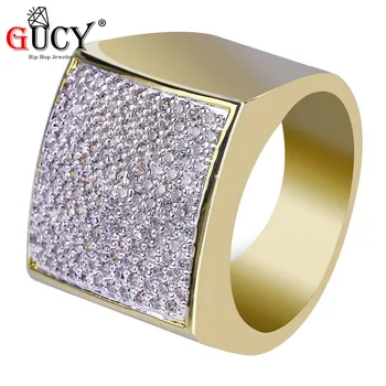 

GUCY Gold Color Plated Heavy Rings All Iced Out Hip Hop Wedding Engagement Bling Micro Pave CZ Square Pinky Men's Ring