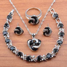 Лидер продаж, комплект ювелирных изделий из стерлингового серебра 925 пробы, черный Цирконий Cubiac для женщин, браслет серьги ожерелье, кулон, кольца, набор JS0171