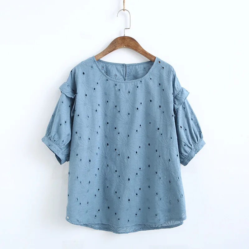 Women Embroidery Shirt Blouse O Neck Short Sleeve Solid Cotton Japan Style White Blue Womens Tops And Blouses S29522 |