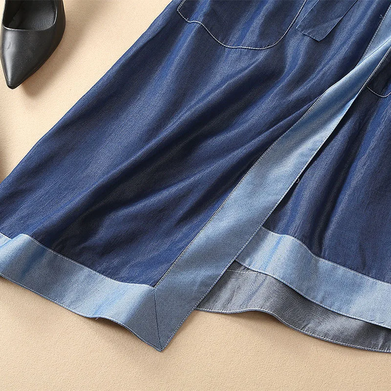 High Quality Denim Dress 2019 Spring Summer Casual Jeans Dress Ladies Turn-down Collar Color Block Patchwork Blue Denim Vestidos