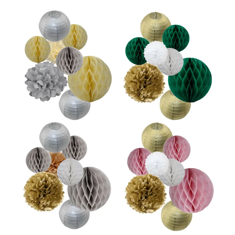 

2018 New 8pcs/set Gold/Silver Set 8" 10" Mixed Size Round Paper Ball Lanterns Tissue Pom Pom For Baby Shower/Wedding Party Decor
