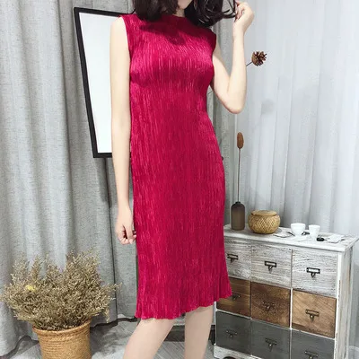 HOT SELLING Miyake Fashion sleeveless o-neck fold dress solid original design IN STOCK | Женская одежда