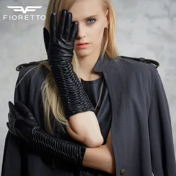 

Fioretto Women Winter Long Leather Gloves Elbow Zipper Thermal Thin Lined Gloves Lambskin Bands Leather Mittens for Pary F15538