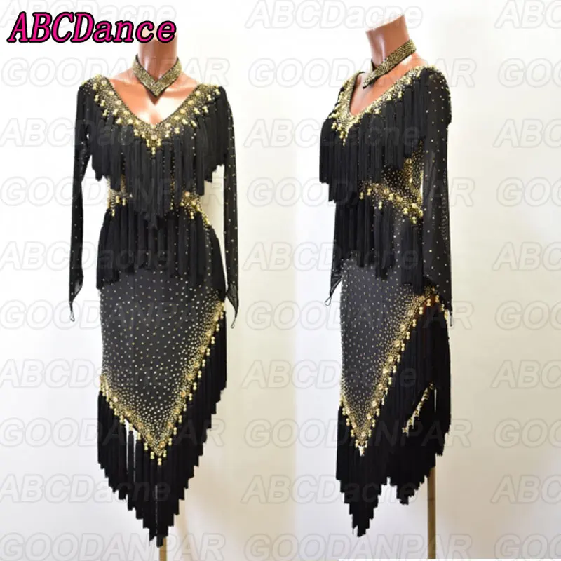 

latin dance dress women long sleeve Black fringed Rumba Samba Tango dresses latin dancing Custom-made handmade dress gold stones