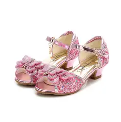 Мода для девочек босоножки на высоком каблуке дети со стразами принцессы Обувь для танцев с вечерние свадебные сандалии детская обувь