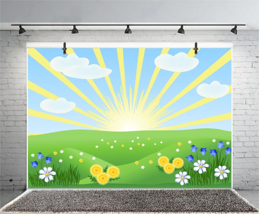 Laeacco Cartoon Grassland Flowers Clouds Sunrise Baby Photography Backgrounds Customized Photographic Backdrops For Photo Studio