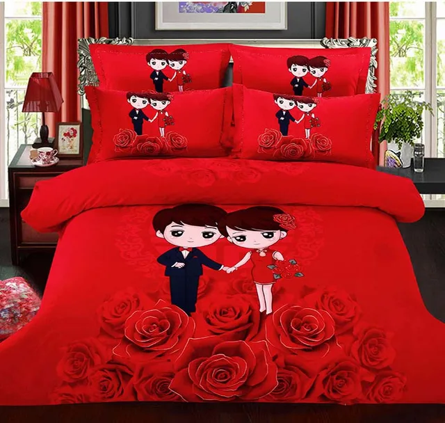 couple love double bed full queen king size red wedding 4pcs bedding red king size sheets
