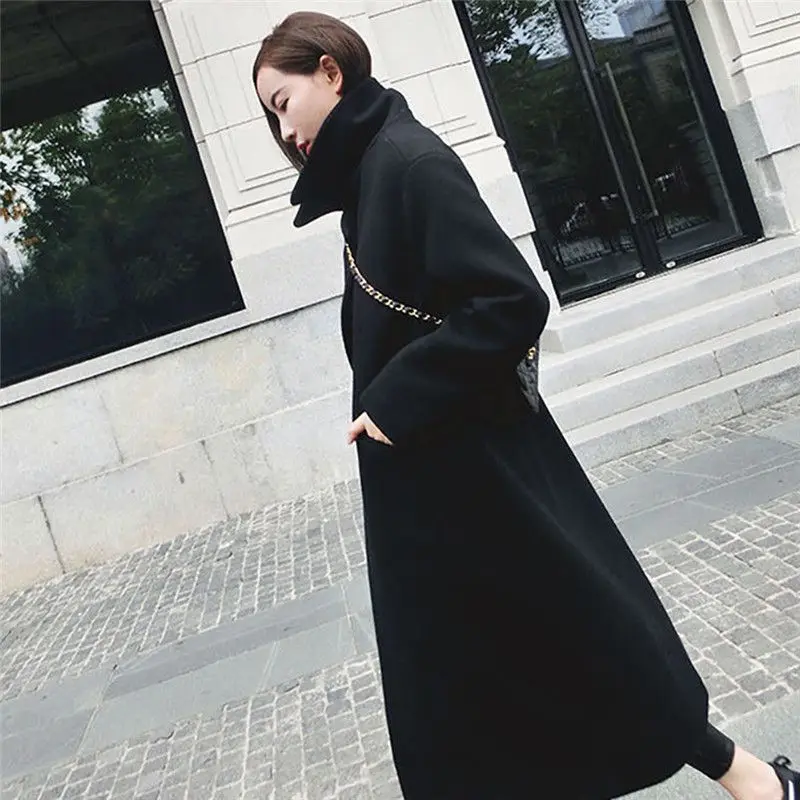 Women Solid long Coat Long Sleeve Pocket Wool Blend Coat UK Version Autumn Winter Classic Simple Wool Maxi Long Coat