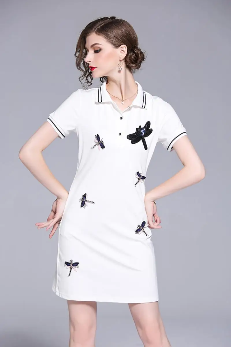 New Arrival 2018 Brand Clothing Summer Short Sleeved T-shirt Dress Women Embroidery Beading Casual White POLO Shirt Dress S-XXL