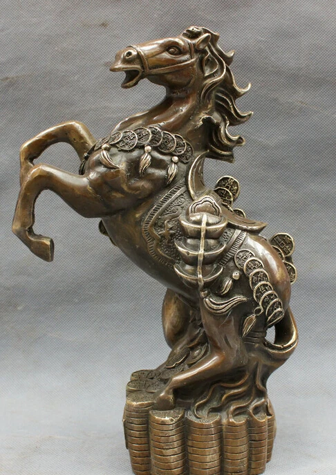 

S4782 10" Folk Chinese Bronze Copper Year Zodiac Wealth Up Leg Horse Statue On Coin D0317