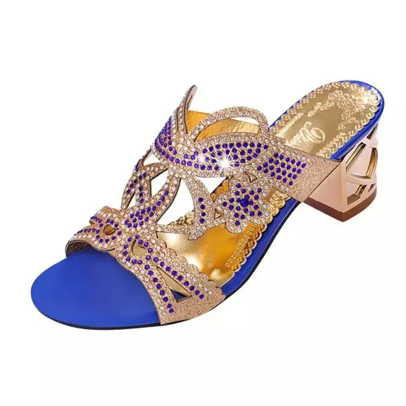 

YeddaMavis Women Slippers Blue Rhinestones Slippers Women Shoes 2019 Summer Fashion PU Flip Flops Womens Shoes Woman Size 35 -41