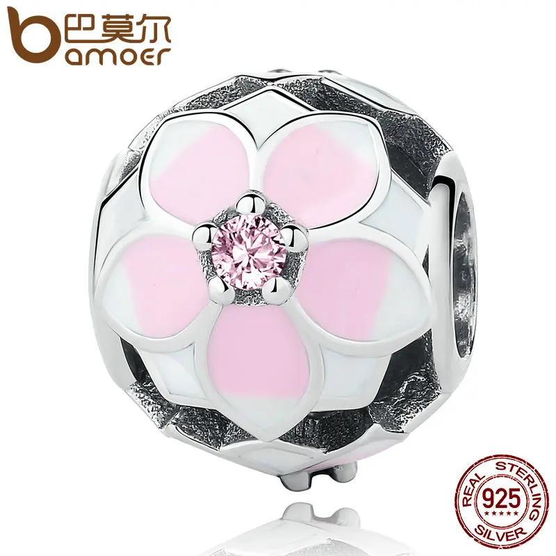 

BAMOER 925 Sterling Silver Magnolia Bloom, Pale Cerise Enamel & Pink CZ Beads fit Bracelets DIY Jewelry PSC078