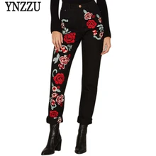 YNZZU размера плюс с вышивкой розы черные женские джинсы весенние винтажные прямые свободные джинсовые брюки джинсы для мам YB116