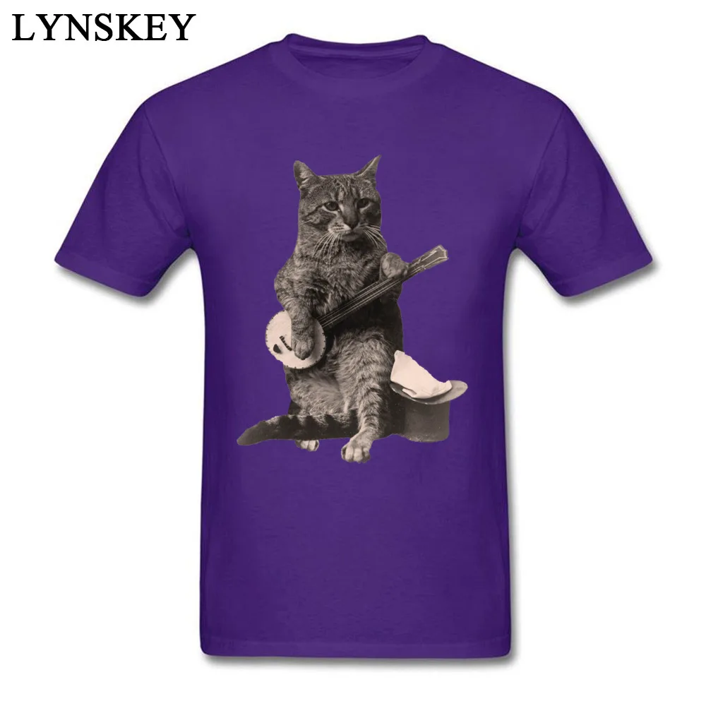 Men's T Shirts Classic Cool Short Sleeve Summer/Fall Tops Shirt Funky Crewneck All Cotton Tee Shirts Cat Playing Banjo Guitar purple