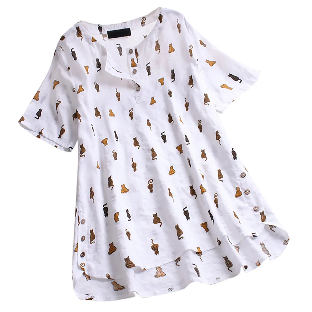 

Cat Shirt Women Vintage V-Neck Casual Cat Print Button Plus Siz Tops Funny T Shirts Women Summer Women's Clothing Kawaii Clothes