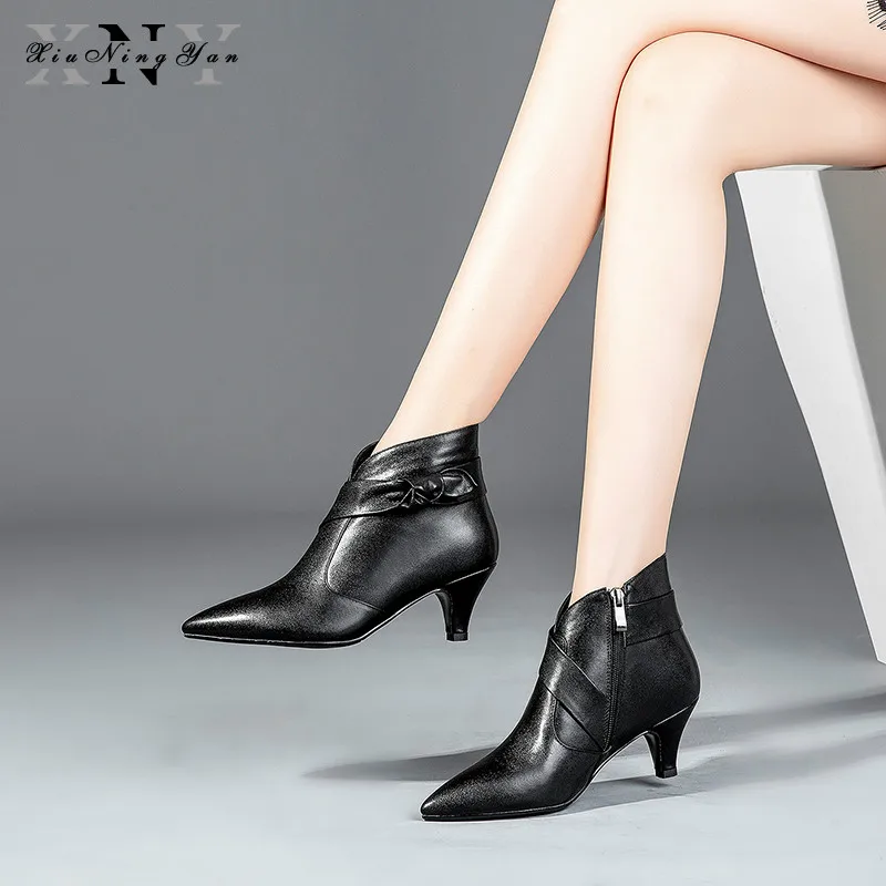 

XiuNingYan Top Quality Sexy Women Ankle Boots Pointed Toe Genuine Leather Shoes Woman Fashion Zipper Thin Heel Women's Boots