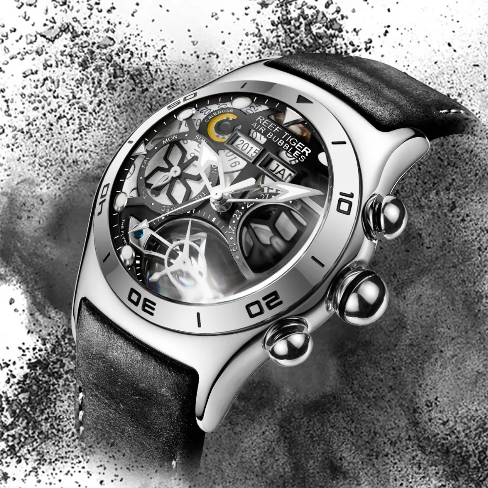 Мужские спортивные часы Reef Tiger/RT, автоматические часы со скелетом, стальные водонепроницаемые часы с турбийоном, часы с датой и днем рождения, reloj hombre RGA703