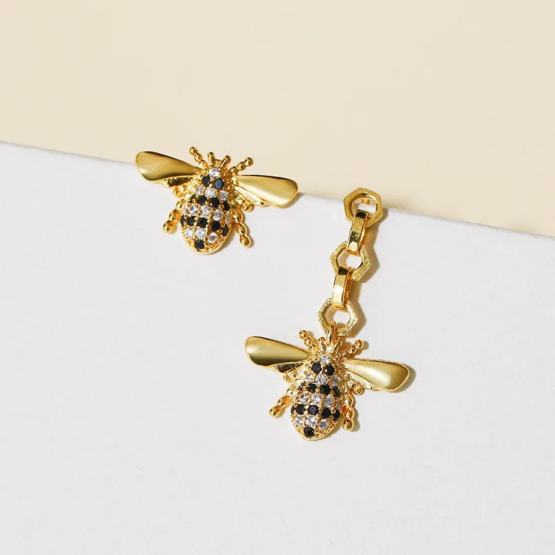 

925 Sterling Silver Asymmetry Crystal Animals Bee Stud Earrings for Women Gift Wedding Jewelry pendientes eh1094